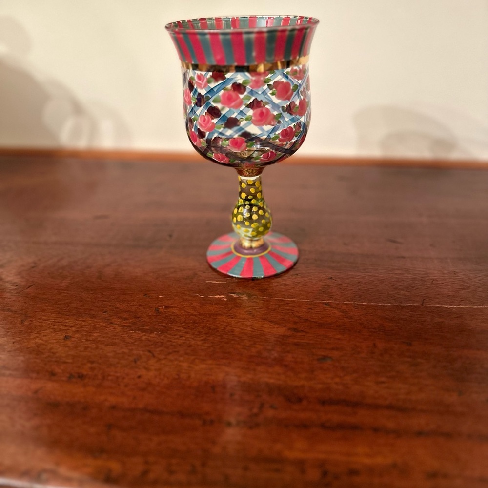MACKENZIE-CHILDS Glass Circus Rose Handpainted Goblets. Circa 90’s